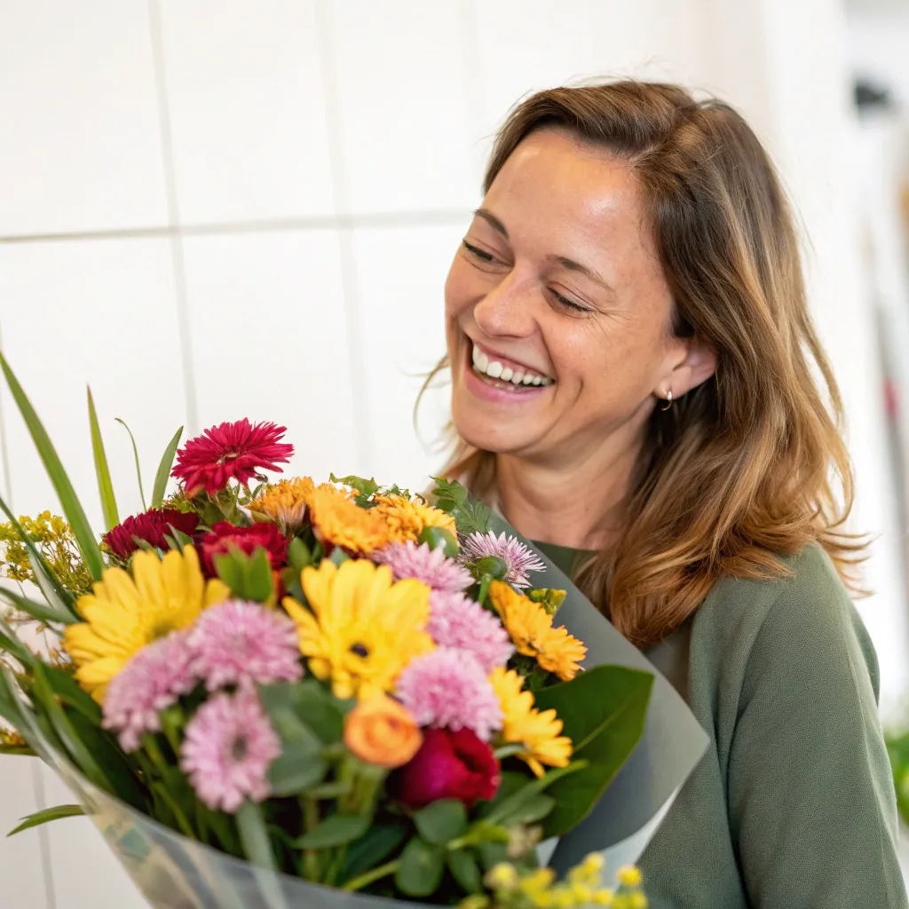 Happy customer with flowers
