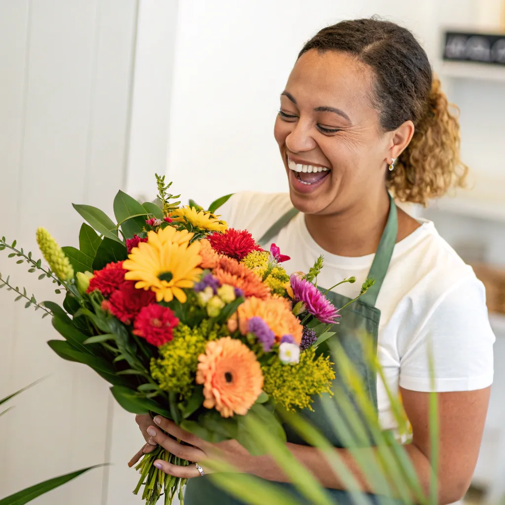 Joyful customer with a floral arrangement