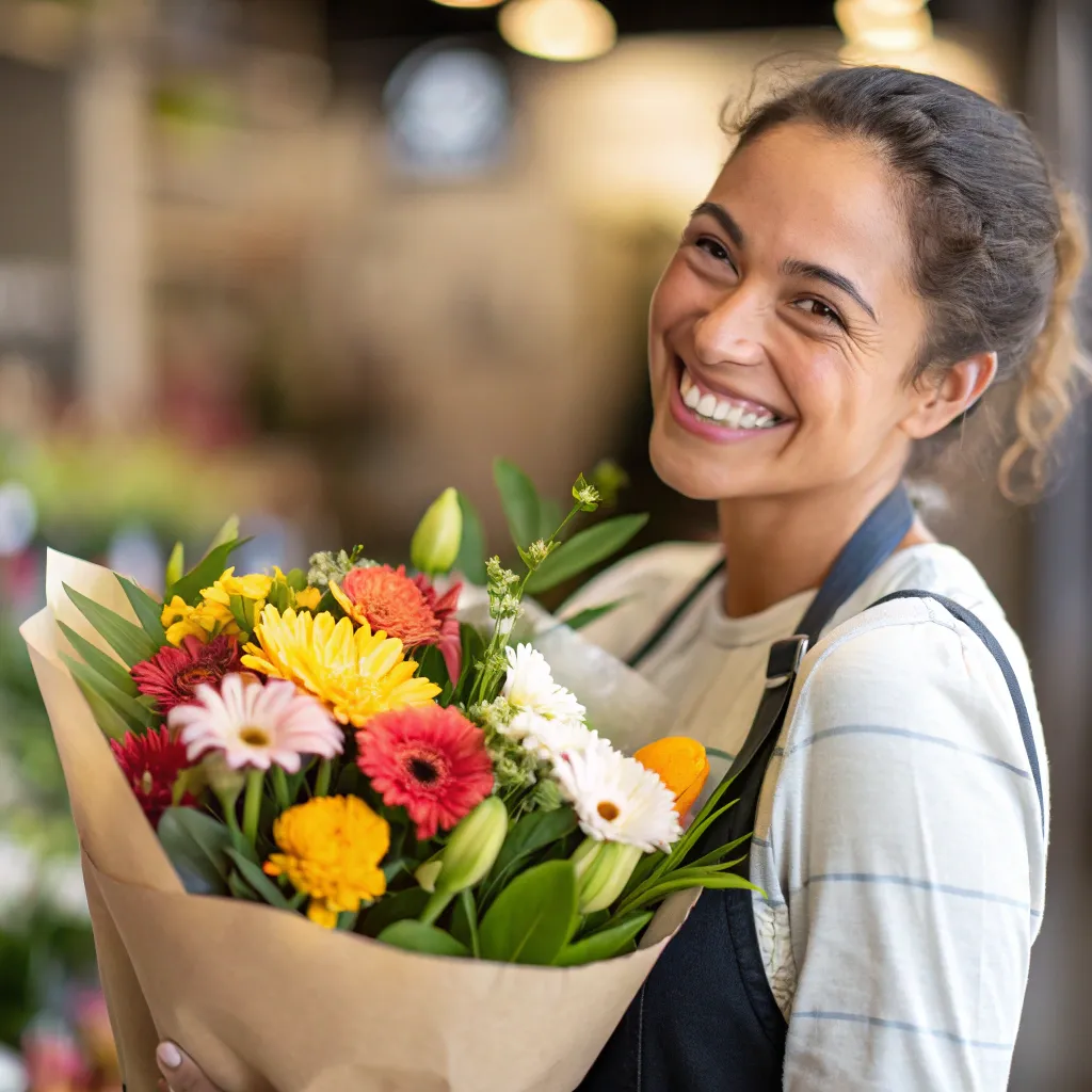 A smiling customer with a bouquet